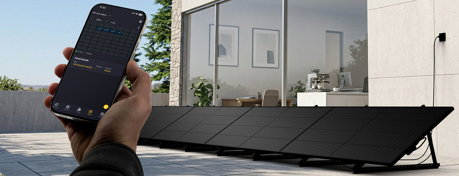 Mango plug-in solar panels shown with the Mango Power monitoring app